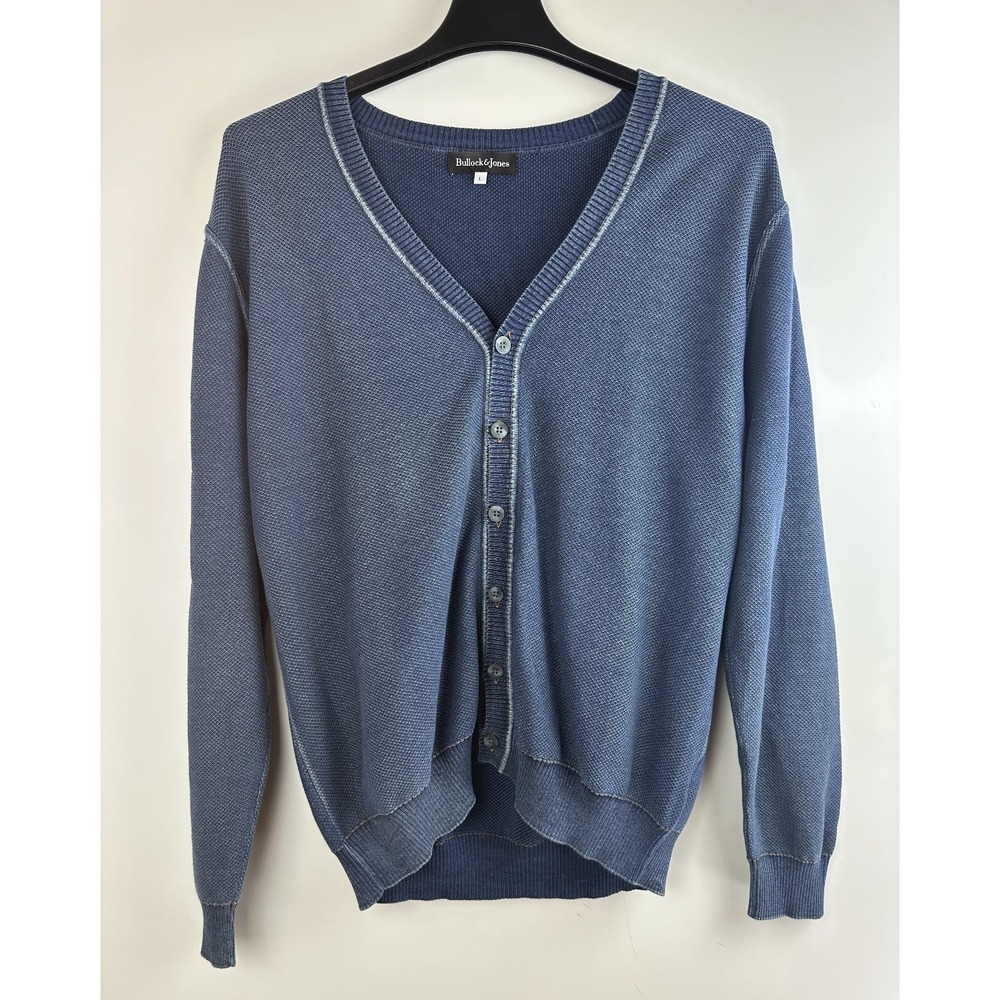 Bullock & Jones Indigo Cotton Cardigan Sweater Mens Large Blue Textured Peru - Picture 2 of 12